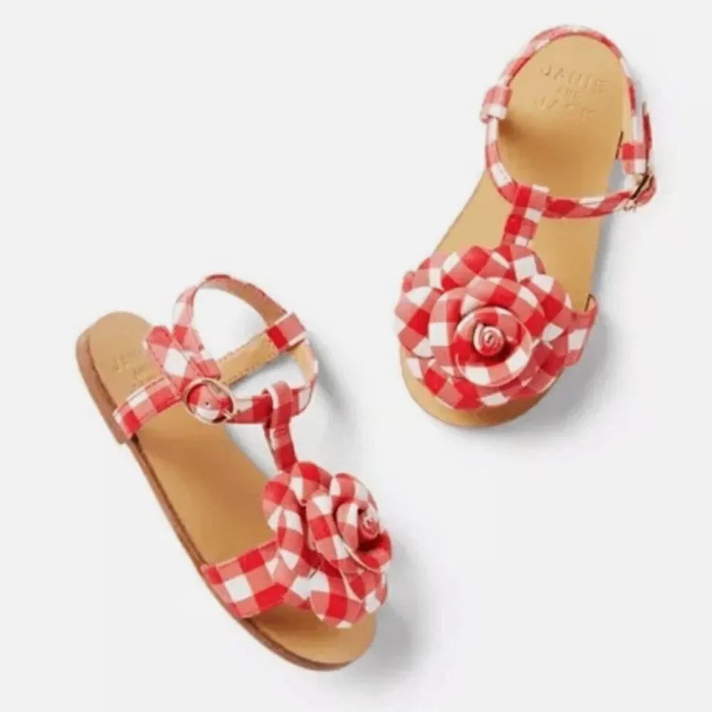 Janie and Jack 100049293 Red and White Gingham sandals Flower detail NWT